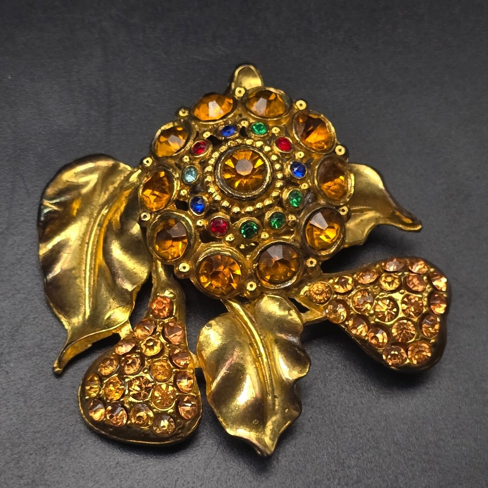 Multicolor Rhinestone Flower Brooch Gold Tone Vintage Statement Jewelry